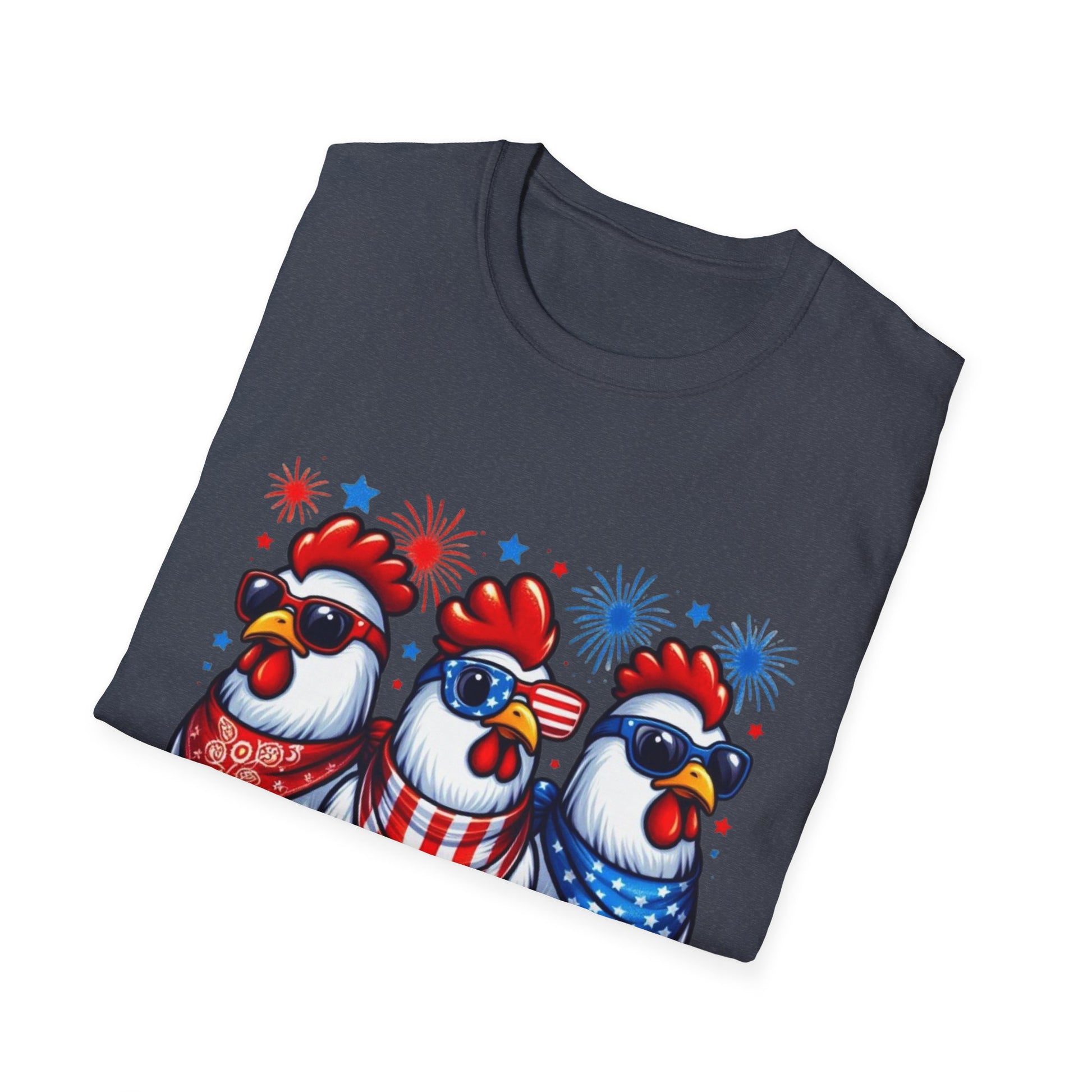 Patriotic Chicken T-Shirt, Independence Day Shirt, Cute Farm Animal Tee, Fourth of July Outfit, Unisex Softstyle Top, Red-White-and Blue chickens, Independence Day chicken shirt, cute chicken shirt, farm animal shirt