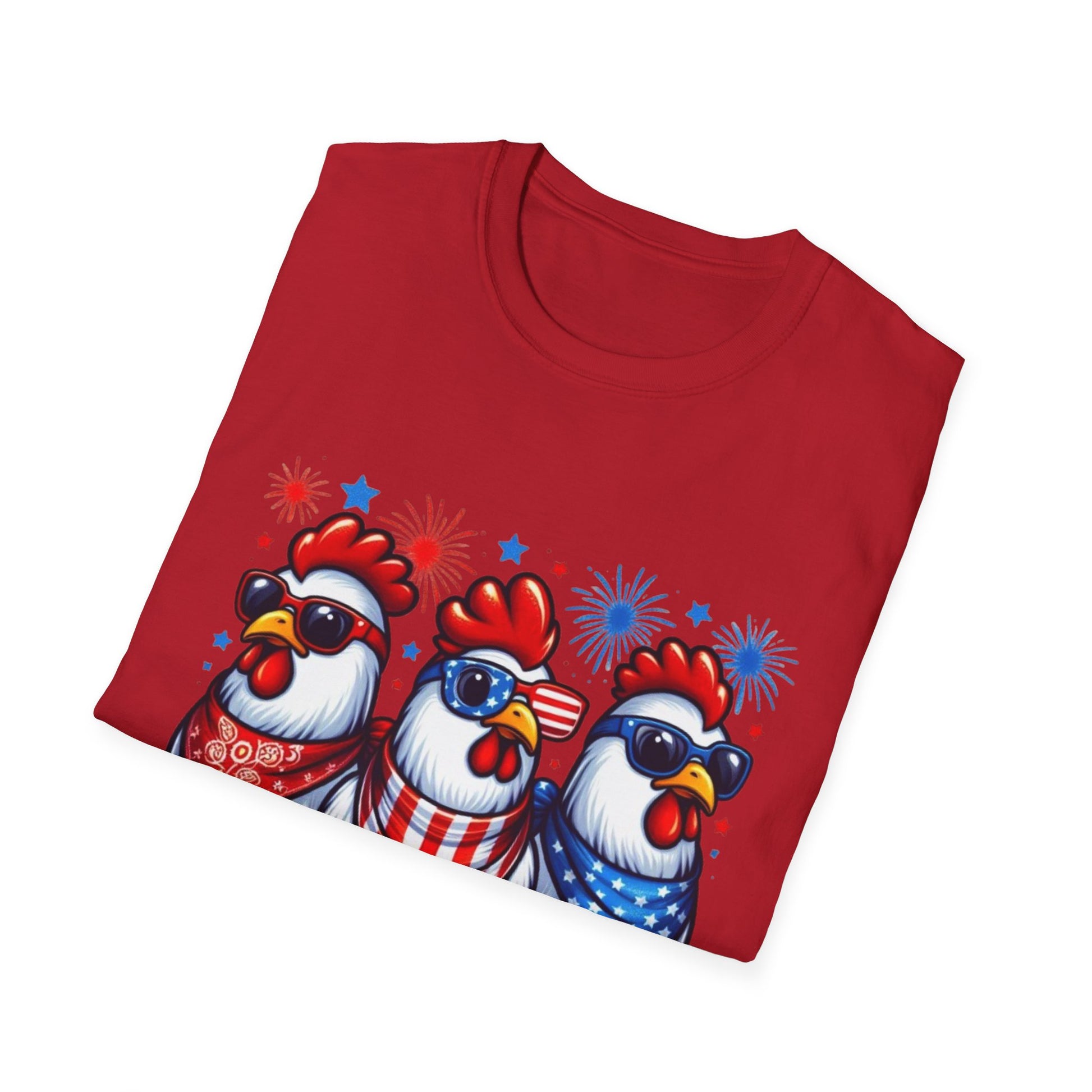 Patriotic Chicken T-Shirt, Independence Day Shirt, Cute Farm Animal Tee, Fourth of July Outfit, Unisex Softstyle Top, Red-White-and Blue chickens, Independence Day chicken shirt, cute chicken shirt, farm animal shirt