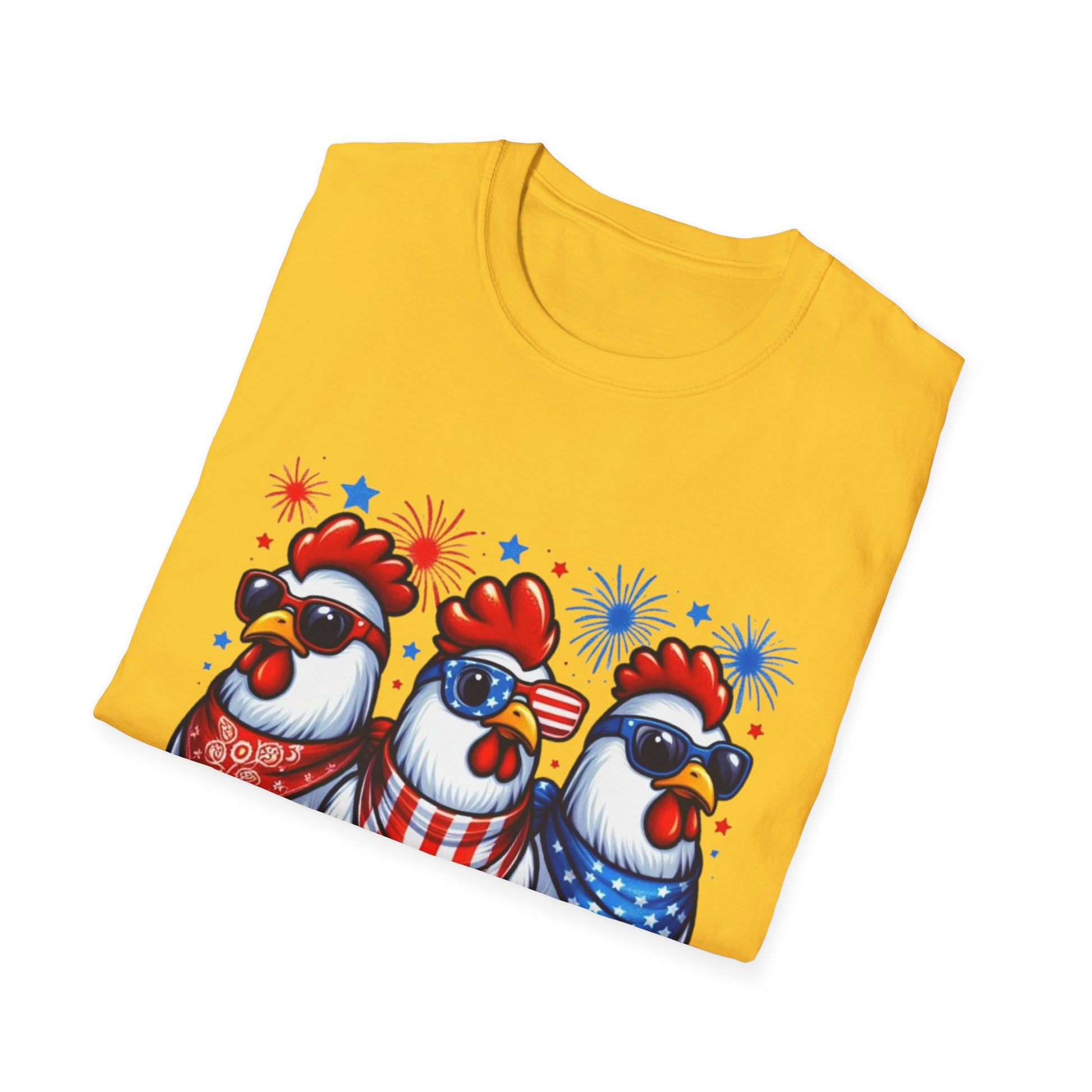 Patriotic Chicken T-Shirt, Independence Day Shirt, Cute Farm Animal Tee, Fourth of July Outfit, Unisex Softstyle Top, Red-White-and Blue chickens, Independence Day chicken shirt, cute chicken shirt, farm animal shirt