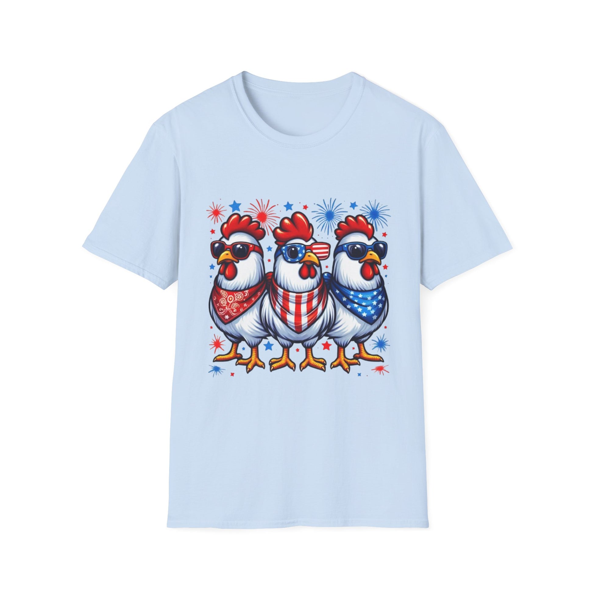 Patriotic Chicken T-Shirt, Independence Day Shirt, Cute Farm Animal Tee, Fourth of July Outfit, Unisex Softstyle Top, Red-White-and Blue chickens, Independence Day chicken shirt, cute chicken shirt, farm animal shirt