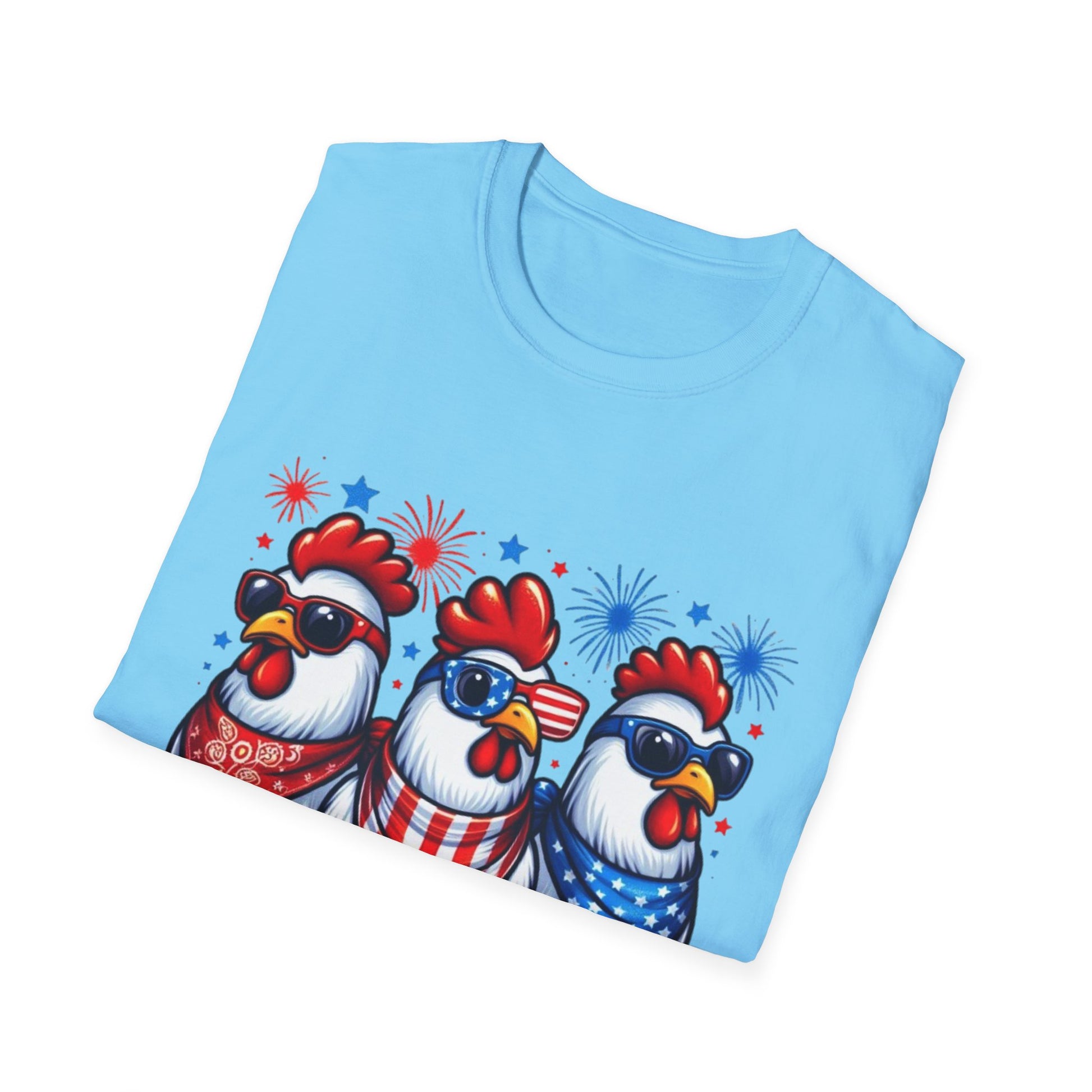 Patriotic Chicken T-Shirt, Independence Day Shirt, Cute Farm Animal Tee, Fourth of July Outfit, Unisex Softstyle Top, Red-White-and Blue chickens, Independence Day chicken shirt, cute chicken shirt, farm animal shirt