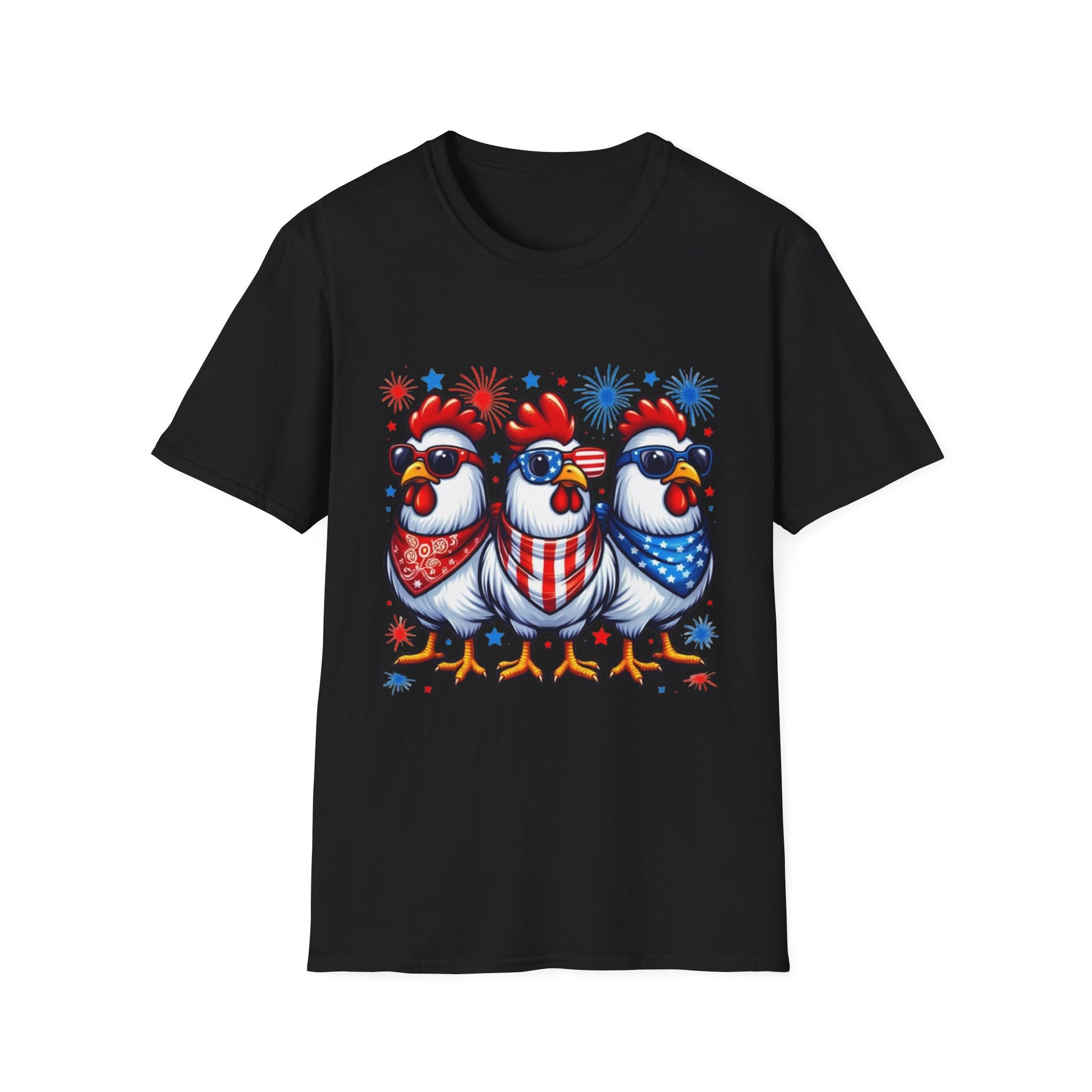 Patriotic Chicken T-Shirt, Independence Day Shirt, Cute Farm Animal Tee, Fourth of July Outfit, Unisex Softstyle Top, Red-White-and Blue chickens, Independence Day chicken shirt, cute chicken shirt, farm animal shirt