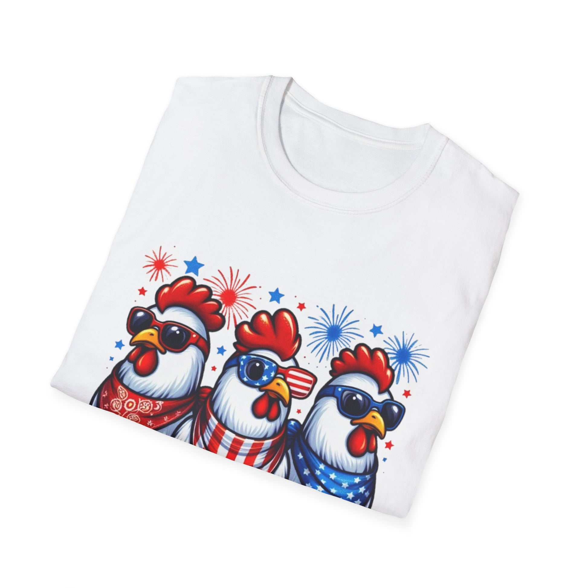 Patriotic Chicken T-Shirt, Independence Day Shirt, Cute Farm Animal Tee, Fourth of July Outfit, Unisex Softstyle Top, Red-White-and Blue chickens, Independence Day chicken shirt, cute chicken shirt, farm animal shirt