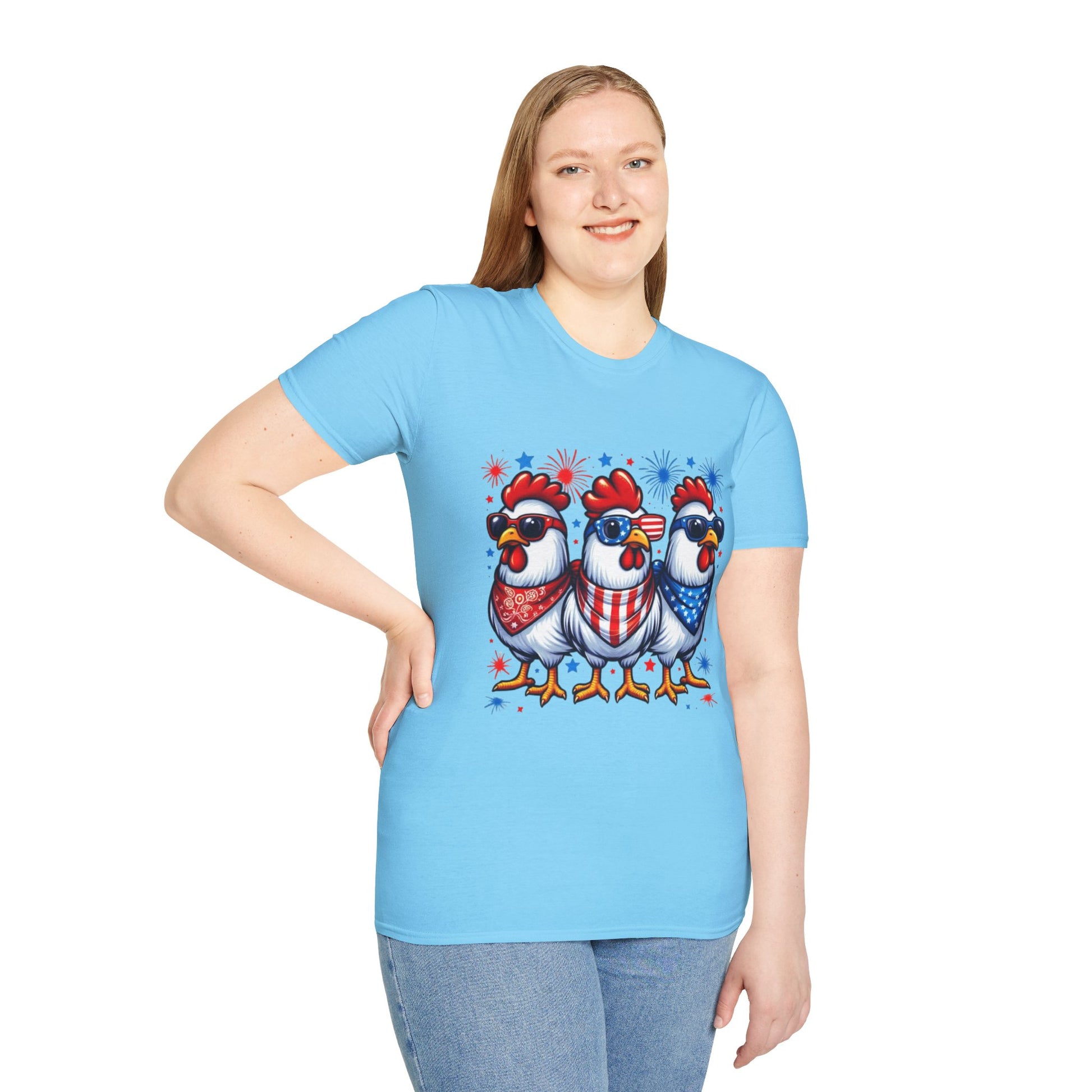 Patriotic Chicken T-Shirt, Independence Day Shirt, Cute Farm Animal Tee, Fourth of July Outfit, Unisex Softstyle Top, Red-White-and Blue chickens, Independence Day chicken shirt, cute chicken shirt, farm animal shirt