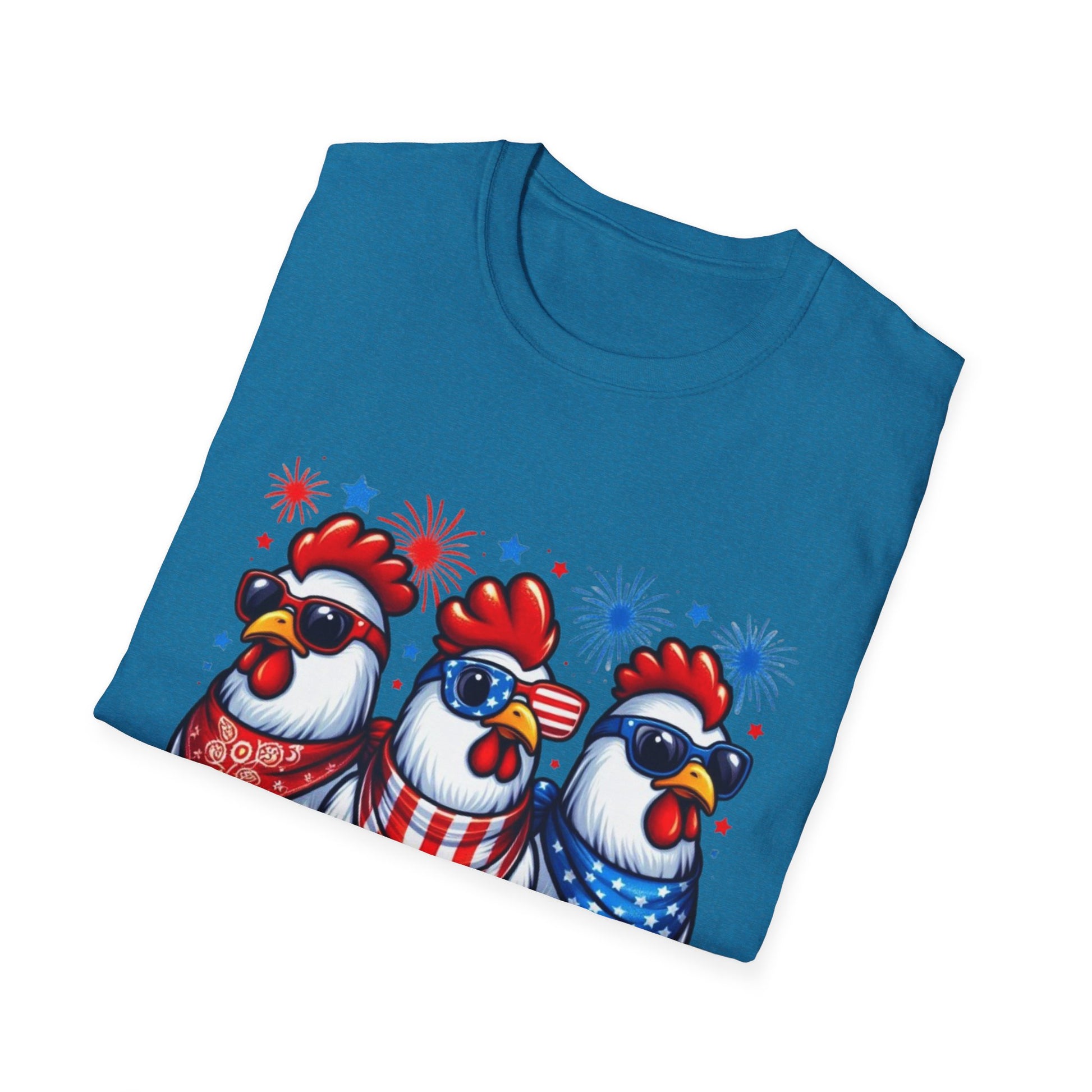 Patriotic Chicken T-Shirt, Independence Day Shirt, Cute Farm Animal Tee, Fourth of July Outfit, Unisex Softstyle Top, Red-White-and Blue chickens, Independence Day chicken shirt, cute chicken shirt, farm animal shirt