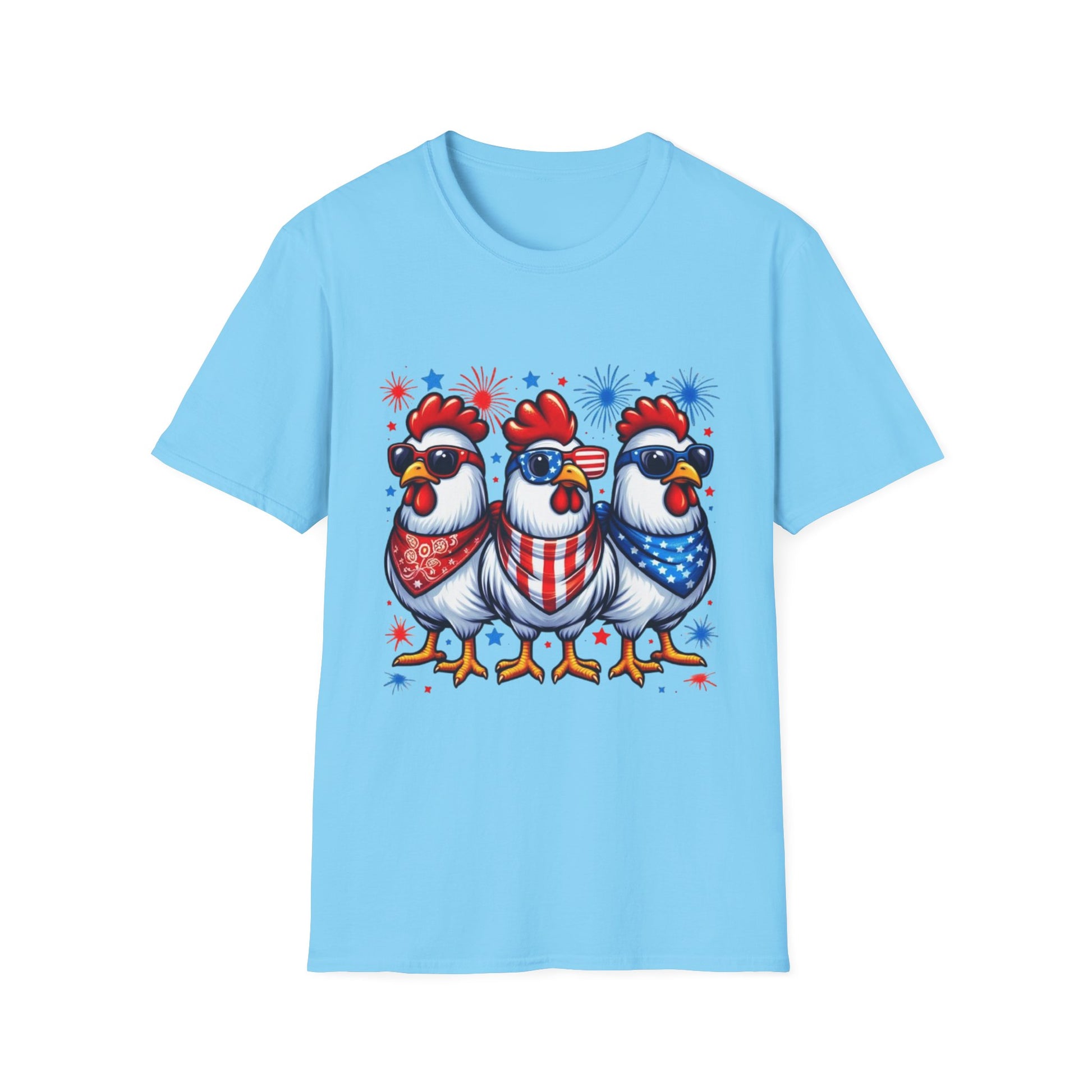 Patriotic Chicken T-Shirt, Independence Day Shirt, Cute Farm Animal Tee, Fourth of July Outfit, Unisex Softstyle Top, Red-White-and Blue chickens, Independence Day chicken shirt, cute chicken shirt, farm animal shirt