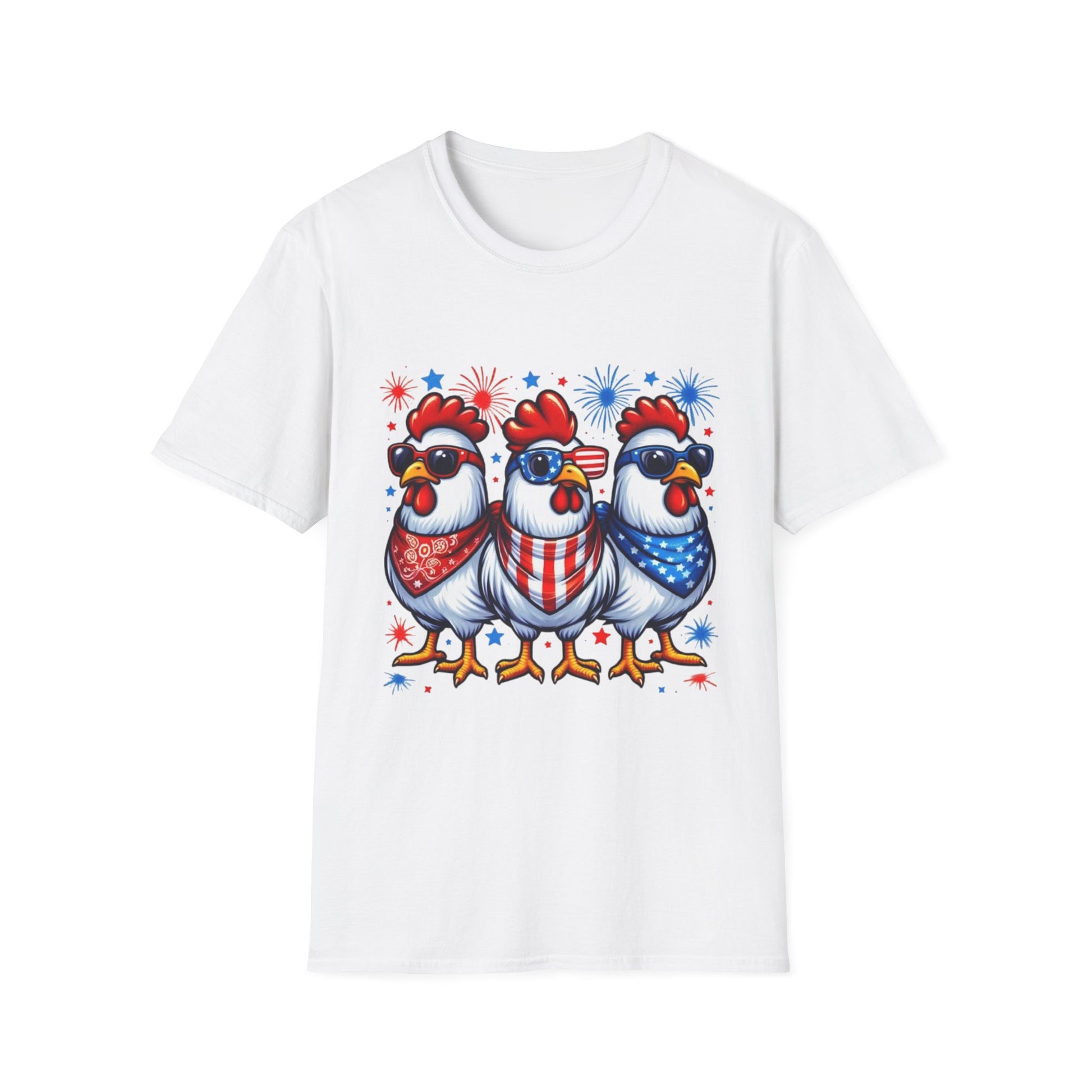 Patriotic Chicken T-Shirt, Independence Day Shirt, Cute Farm Animal Tee, Fourth of July Outfit, Unisex Softstyle Top, Red-White-and Blue chickens, Independence Day chicken shirt, cute chicken shirt, farm animal shirt