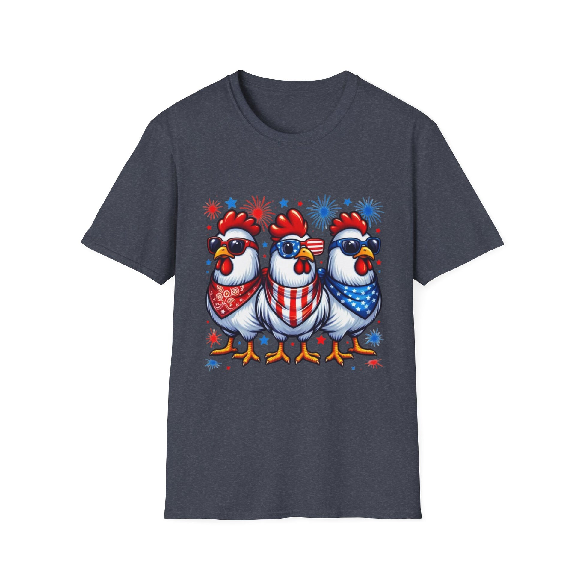 Patriotic Chicken T-Shirt, Independence Day Shirt, Cute Farm Animal Tee, Fourth of July Outfit, Unisex Softstyle Top, Red-White-and Blue chickens, Independence Day chicken shirt, cute chicken shirt, farm animal shirt