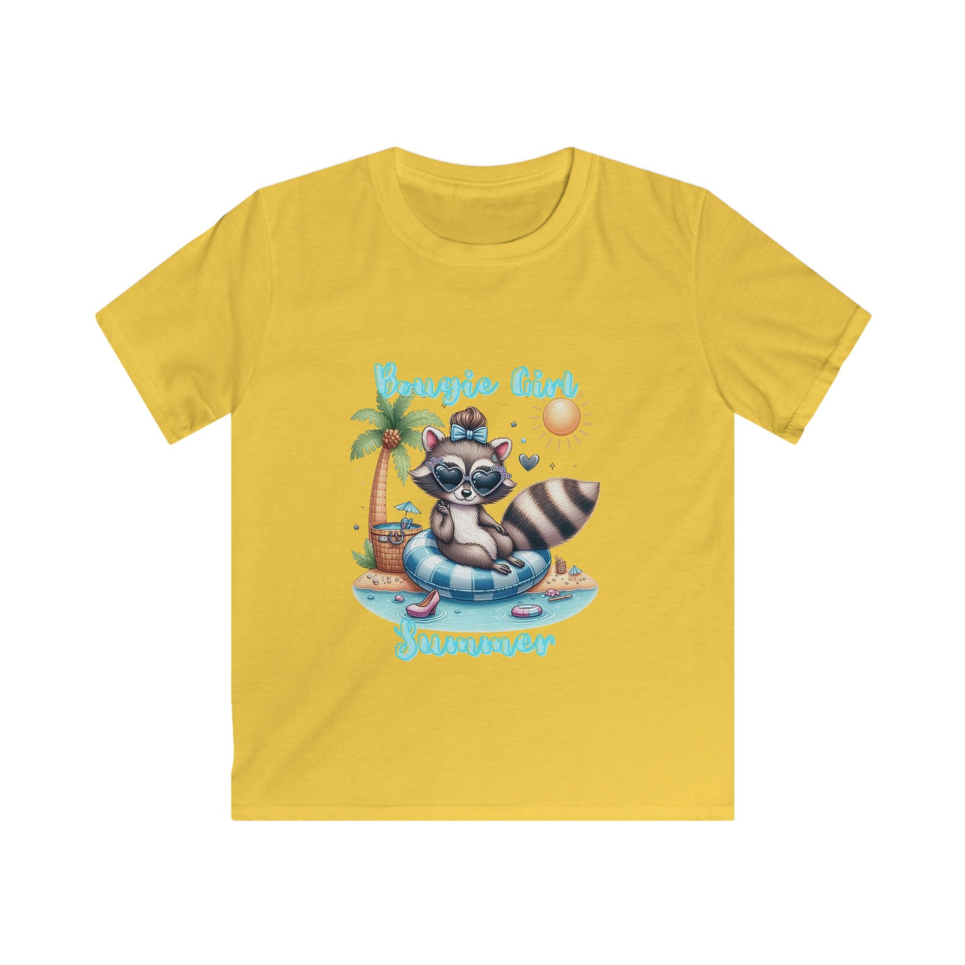 Summer Raccoon Kids Softstyle Tee, Cute Animal Tee, Beachwear, Gift for Kids, Summer Vibes, Fun T-Shirt, Cute bougie summer t-shirt for girls, ready for a bougie summer