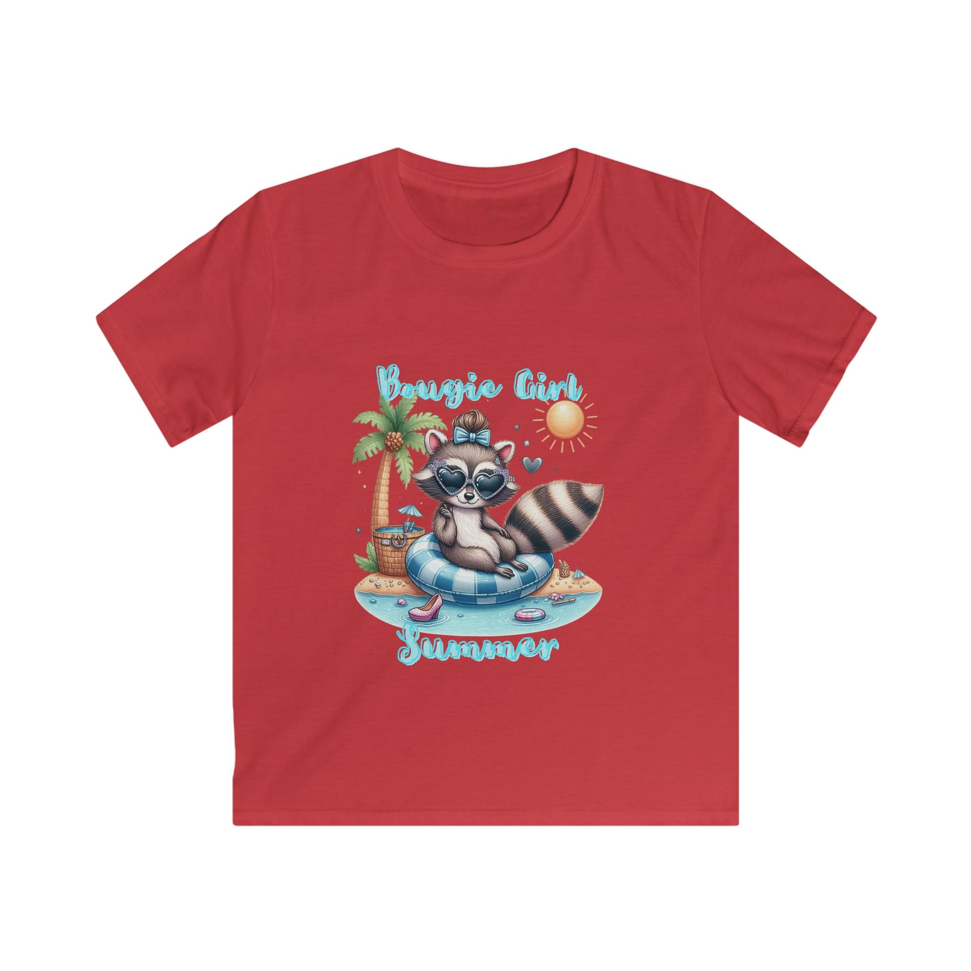 Summer Raccoon Kids Softstyle Tee, Cute Animal Tee, Beachwear, Gift for Kids, Summer Vibes, Fun T-Shirt, Cute bougie summer t-shirt for girls, ready for a bougie summer