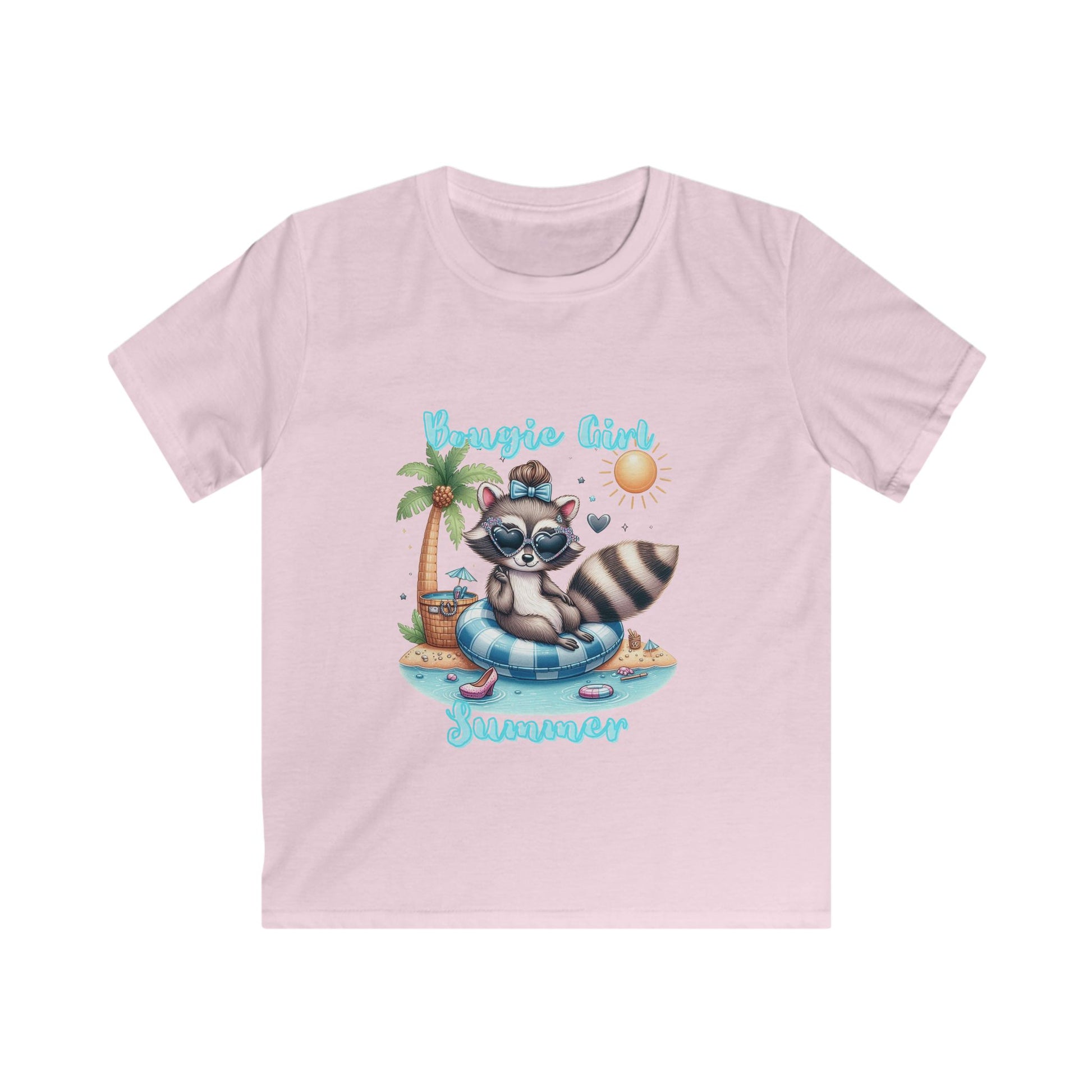 Summer Raccoon Kids Softstyle Tee, Cute Animal Tee, Beachwear, Gift for Kids, Summer Vibes, Fun T-Shirt, Cute bougie summer t-shirt for girls, ready for a bougie summer