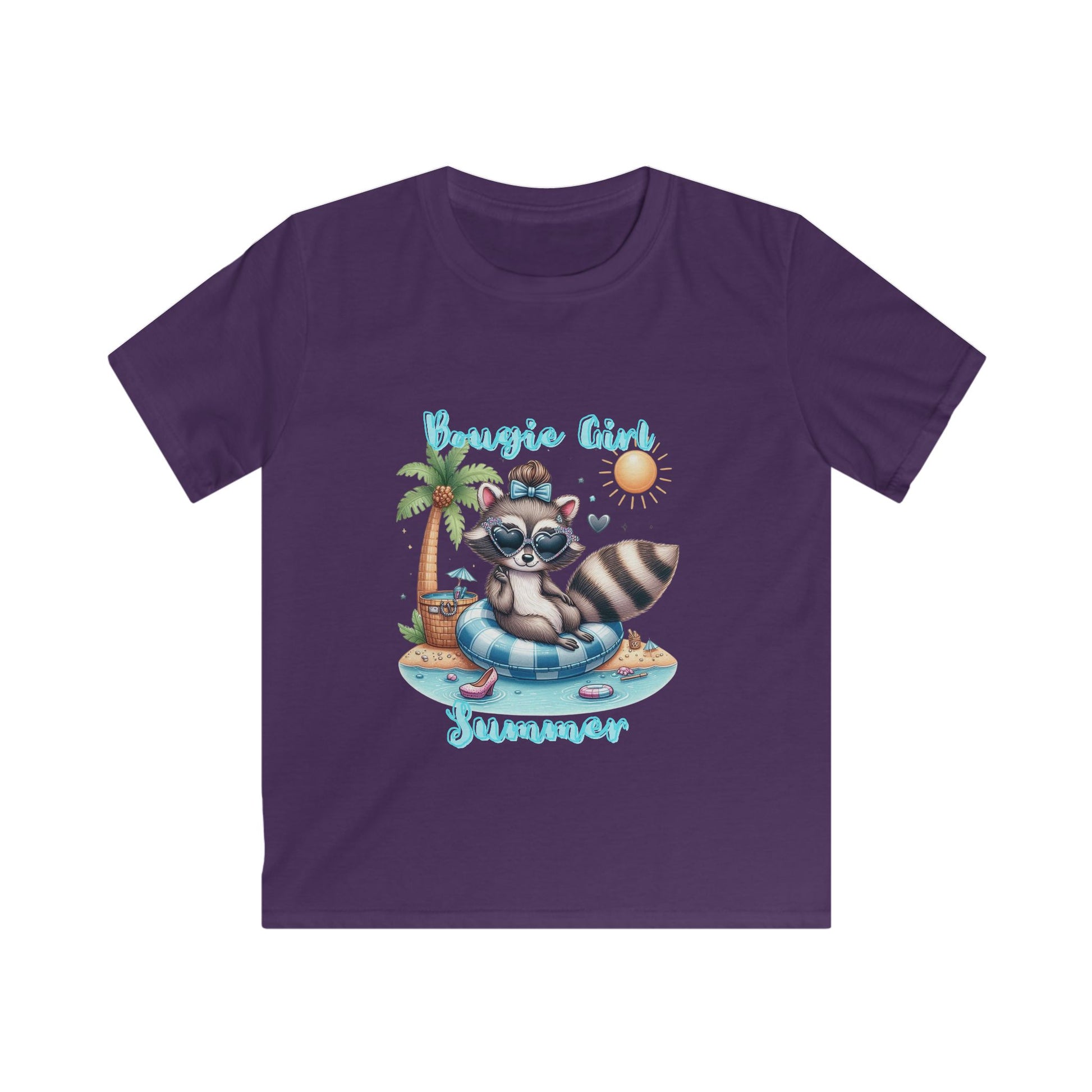 Summer Raccoon Kids Softstyle Tee, Cute Animal Tee, Beachwear, Gift for Kids, Summer Vibes, Fun T-Shirt, Cute bougie summer t-shirt for girls, ready for a bougie summer