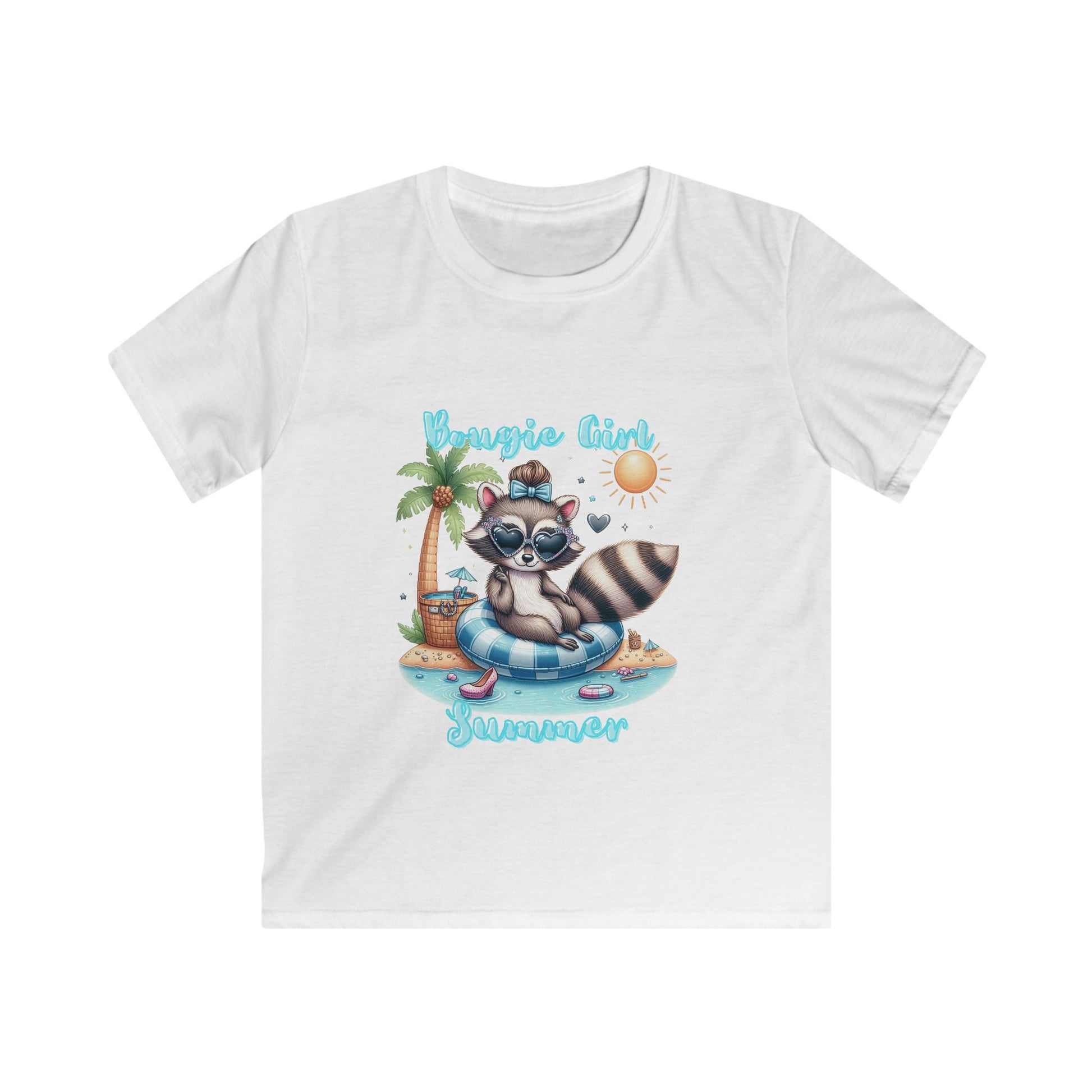 Summer Raccoon Kids Softstyle Tee, Cute Animal Tee, Beachwear, Gift for Kids, Summer Vibes, Fun T-Shirt, Cute bougie summer t-shirt for girls, ready for a bougie summer