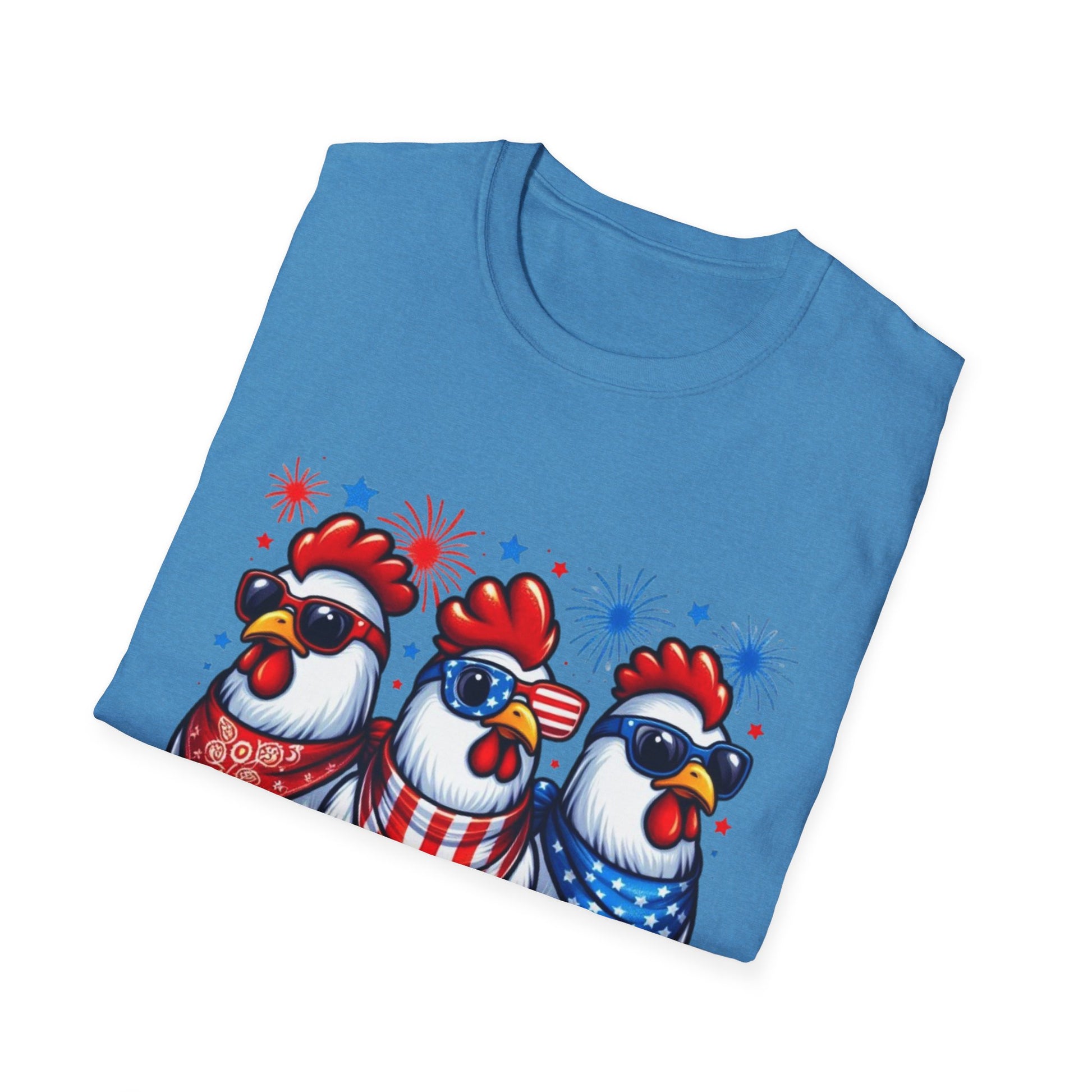 Patriotic Chicken T-Shirt, Independence Day Shirt, Cute Farm Animal Tee, Fourth of July Outfit, Unisex Softstyle Top, Red-White-and Blue chickens, Independence Day chicken shirt, cute chicken shirt, farm animal shirt