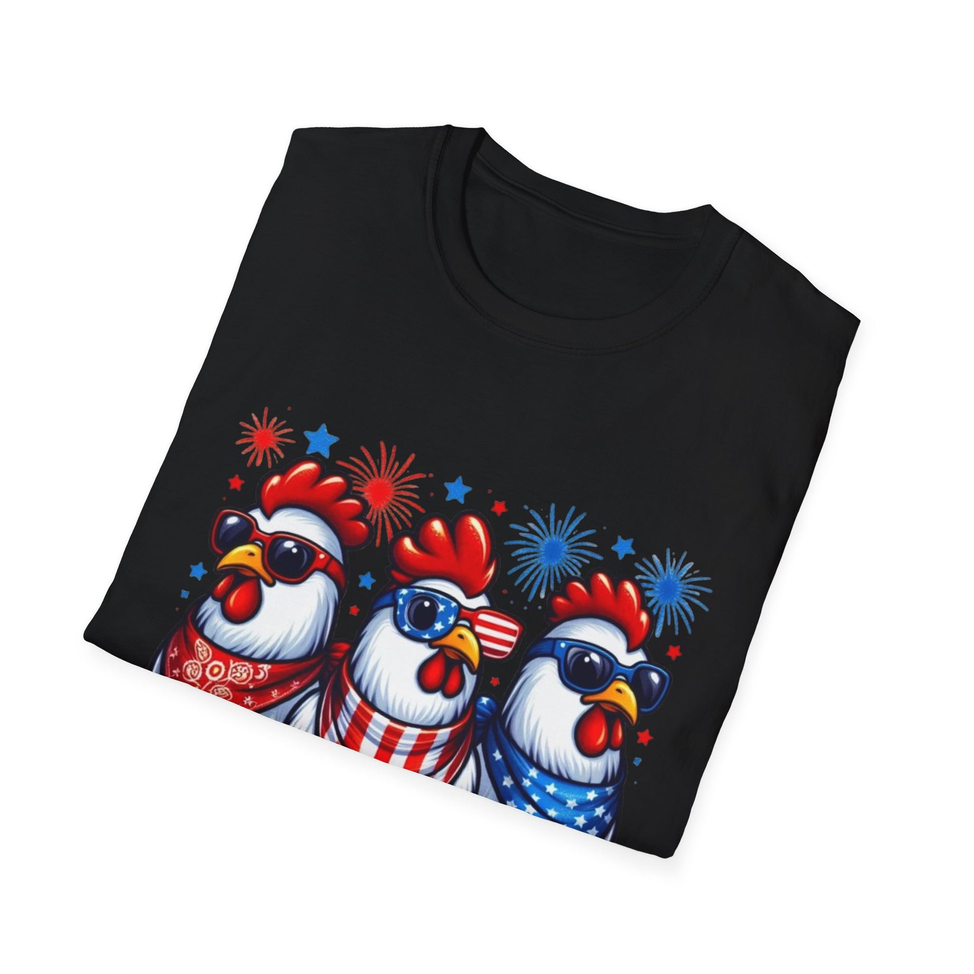 Patriotic Chicken T-Shirt, Independence Day Shirt, Cute Farm Animal Tee, Fourth of July Outfit, Unisex Softstyle Top, Red-White-and Blue chickens, Independence Day chicken shirt, cute chicken shirt, farm animal shirt