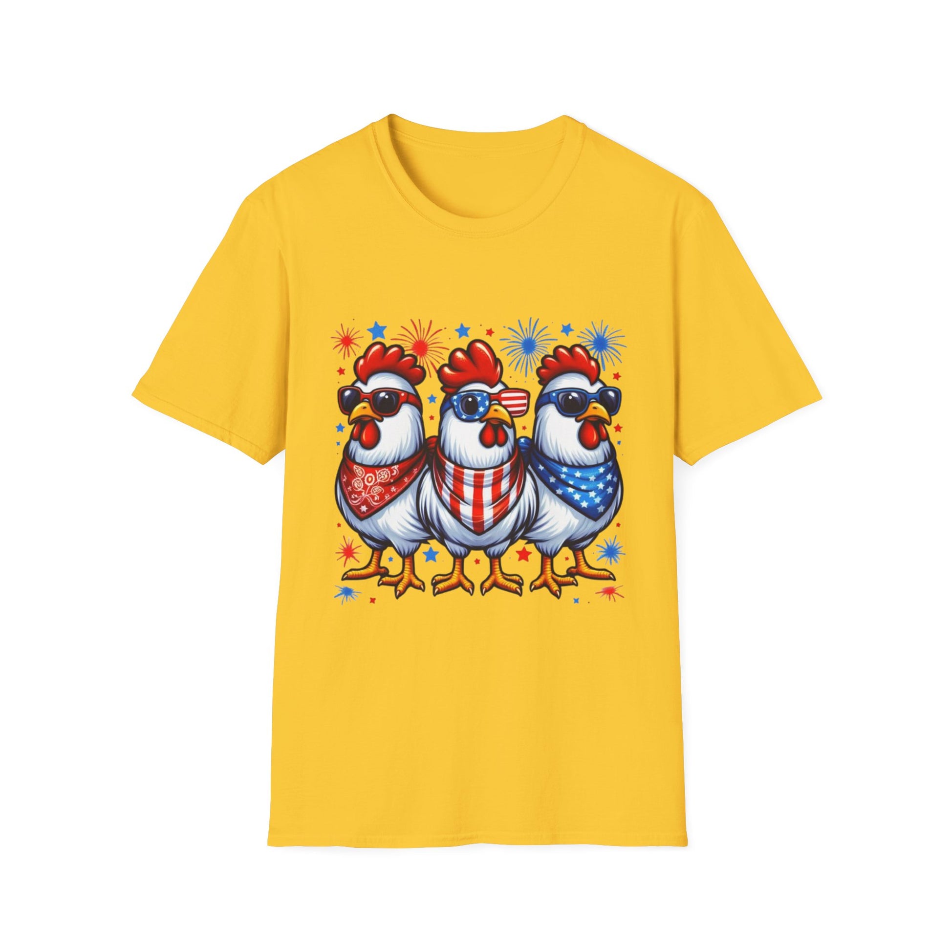 Patriotic Chicken T-Shirt, Independence Day Shirt, Cute Farm Animal Tee, Fourth of July Outfit, Unisex Softstyle Top, Red-White-and Blue chickens, Independence Day chicken shirt, cute chicken shirt, farm animal shirt