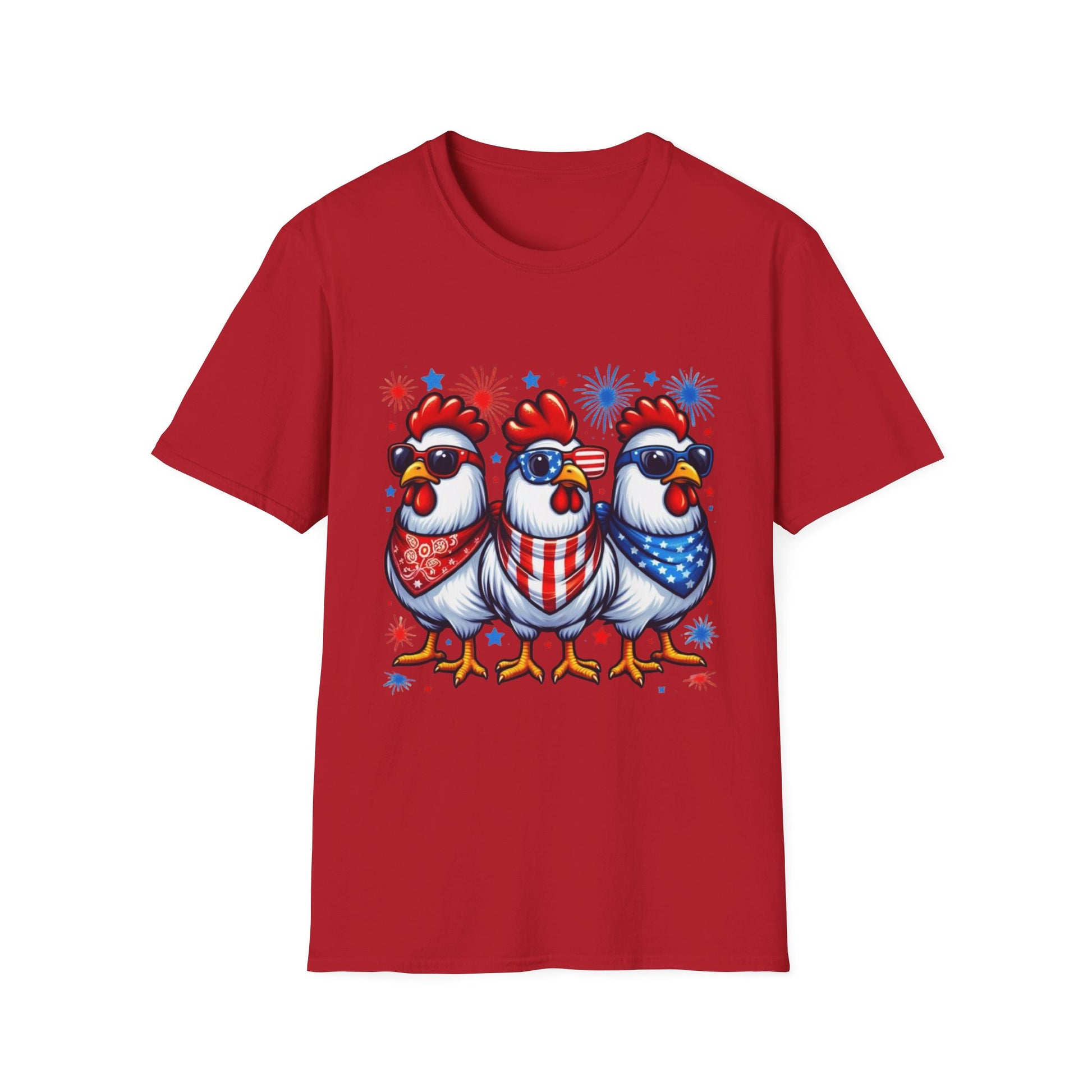 Patriotic Chicken T-Shirt, Independence Day Shirt, Cute Farm Animal Tee, Fourth of July Outfit, Unisex Softstyle Top, Red-White-and Blue chickens, Independence Day chicken shirt, cute chicken shirt, farm animal shirt