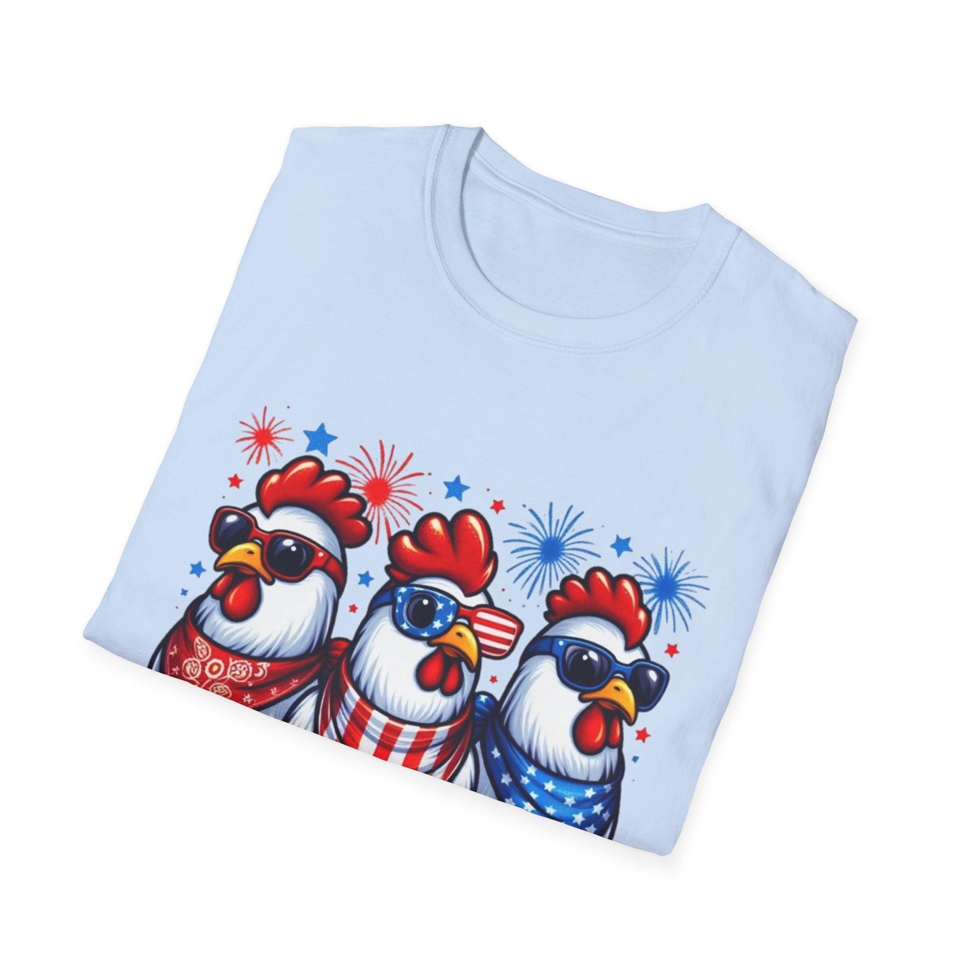 Patriotic Chicken T-Shirt, Independence Day Shirt, Cute Farm Animal Tee, Fourth of July Outfit, Unisex Softstyle Top, Red-White-and Blue chickens, Independence Day chicken shirt, cute chicken shirt, farm animal shirt