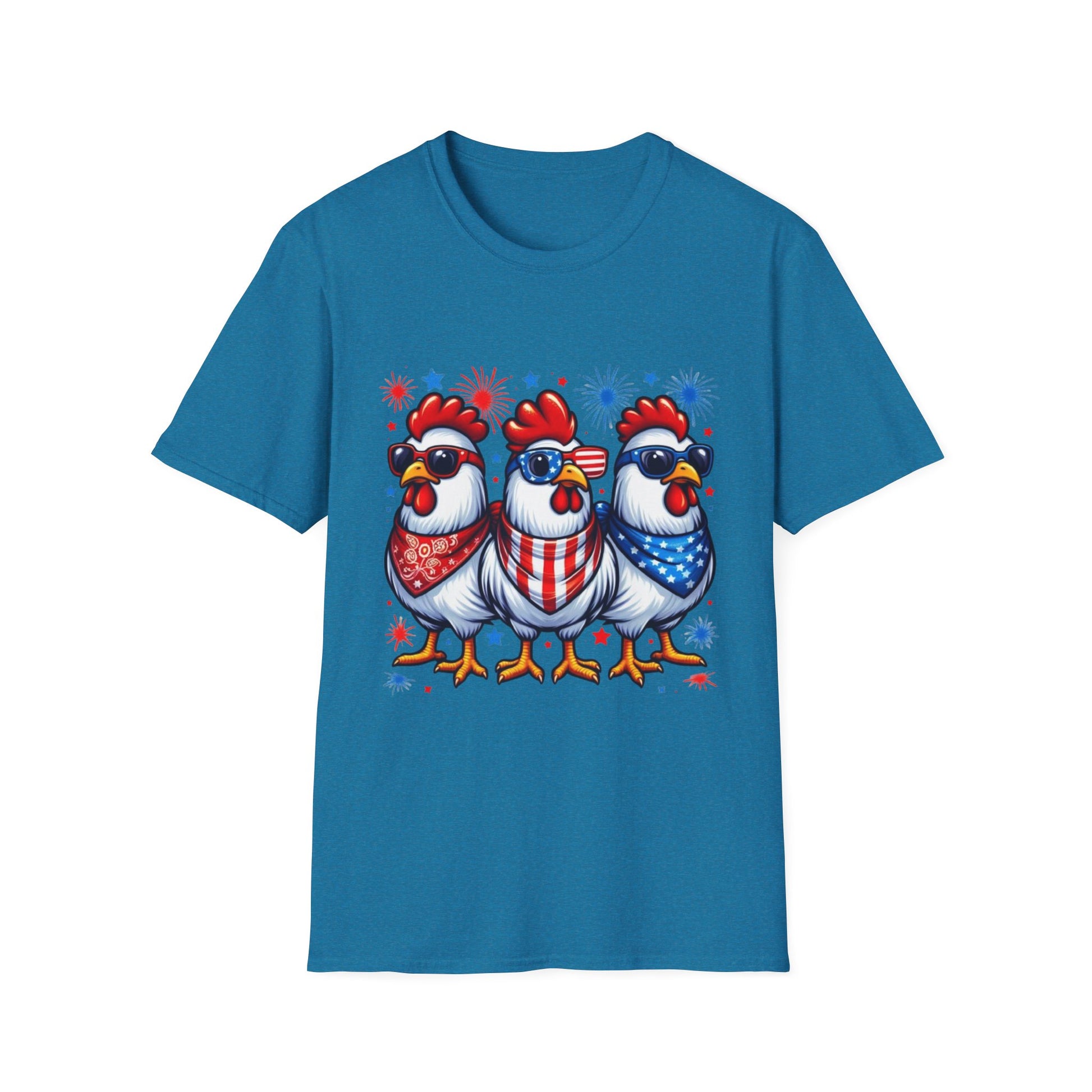 Patriotic Chicken T-Shirt, Independence Day Shirt, Cute Farm Animal Tee, Fourth of July Outfit, Unisex Softstyle Top, Red-White-and Blue chickens, Independence Day chicken shirt, cute chicken shirt, farm animal shirt