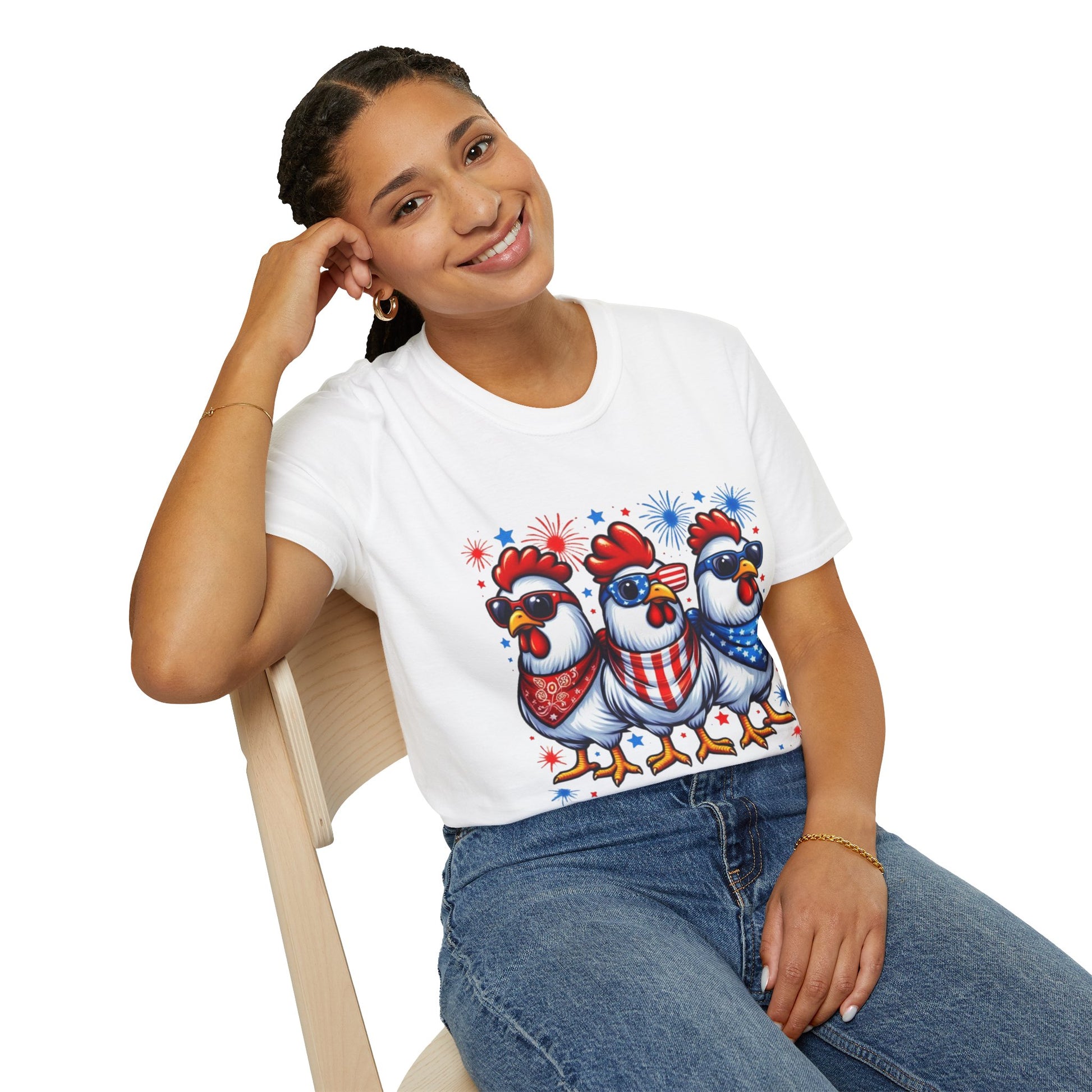 Patriotic Chicken T-Shirt, Independence Day Shirt, Cute Farm Animal Tee, Fourth of July Outfit, Unisex Softstyle Top, Red-White-and Blue chickens, Independence Day chicken shirt, cute chicken shirt, farm animal shirt