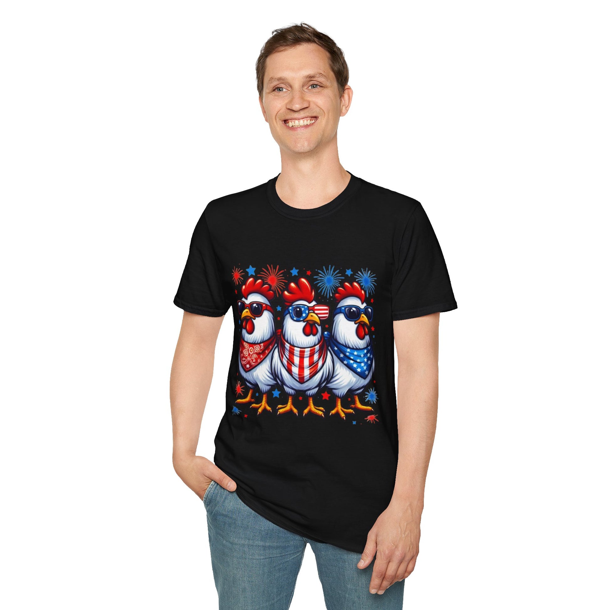 Patriotic Chicken T-Shirt, Independence Day Shirt, Cute Farm Animal Tee, Fourth of July Outfit, Unisex Softstyle Top, Red-White-and Blue chickens, Independence Day chicken shirt, cute chicken shirt, farm animal shirt