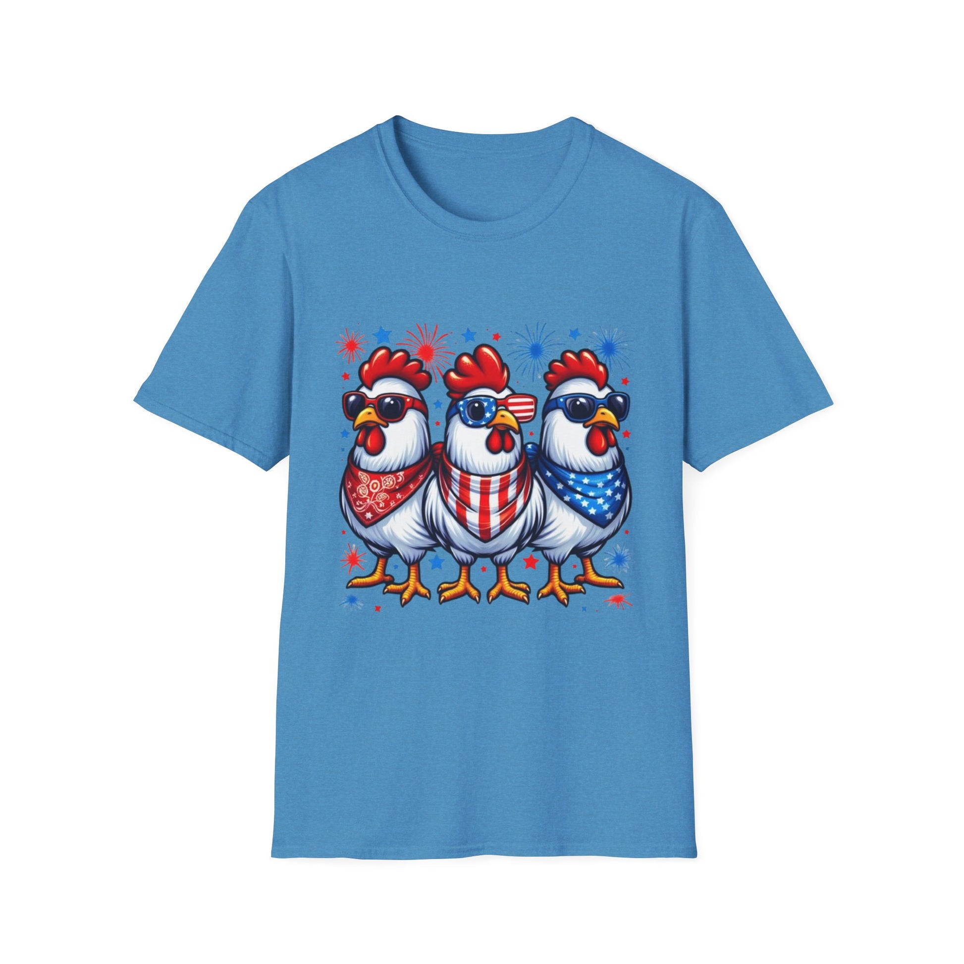 Patriotic Chicken T-Shirt, Independence Day Shirt, Cute Farm Animal Tee, Fourth of July Outfit, Unisex Softstyle Top, Red-White-and Blue chickens, Independence Day chicken shirt, cute chicken shirt, farm animal shirt
